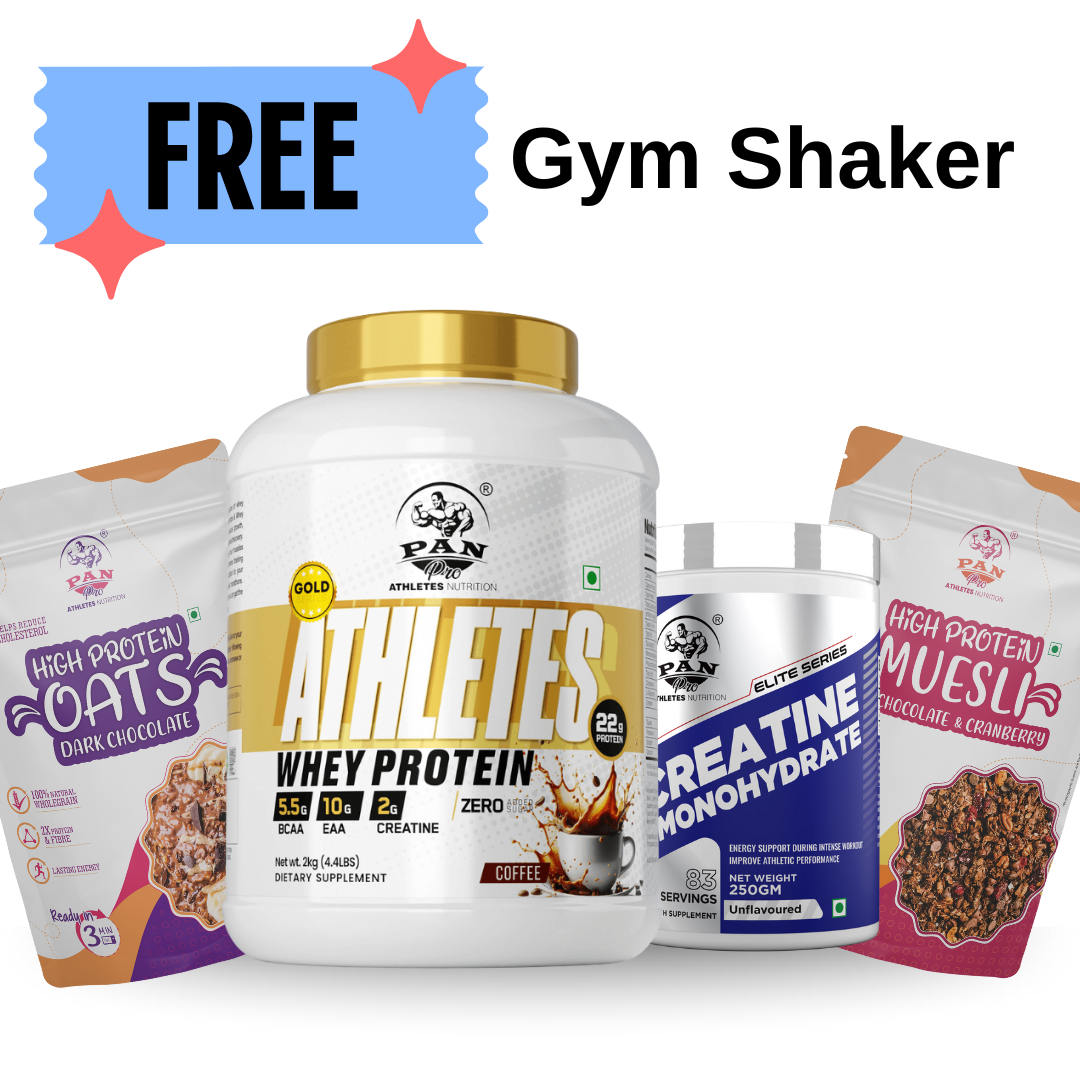 PAN Gold Athletes Whey Protein + Creatine Monohydrate + High Protein Oats + High Protein Muesli Combo with Free Shaker